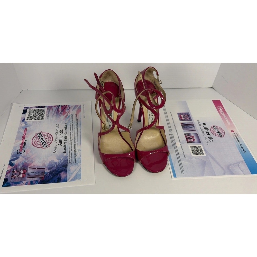 Jimmy Choo Sandals 37.5 Fuchsia Pink Patent - WITH CERTIFICATE OF AUTH